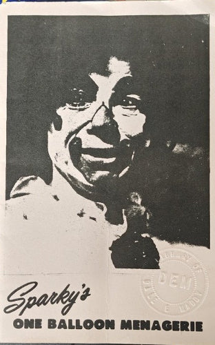 Black and white illustration of a balloon animal with 'Sparky's One Balloon Menagerie' branding.