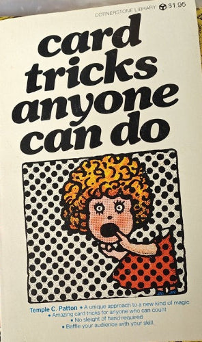 Book cover with text 'card tricks anyone can do' and a graphic of a person with orange hair on a polka dot background.