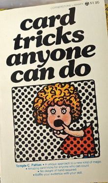 Book cover with text 'card tricks anyone can do' and a graphic of a person with orange hair on a polka dot background.