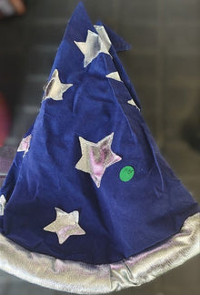 Blue cape with silver star designs on a dark background