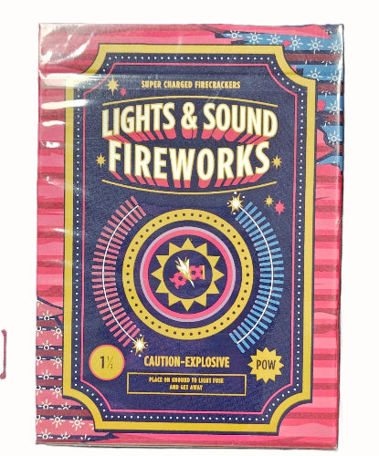Packaged fireworks set with colorful label on a pink background