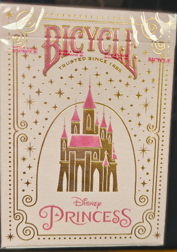 Princess-themed Bicycle playing card box with castle design and pink text.