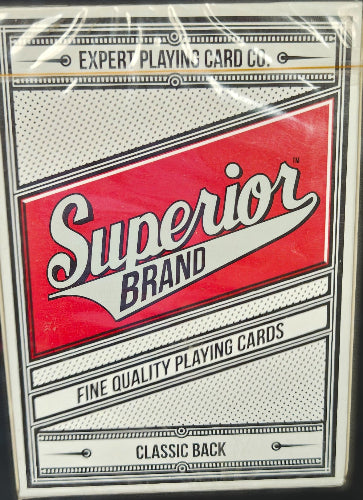 Playing card box with 'Superior Brand' logo on a red background