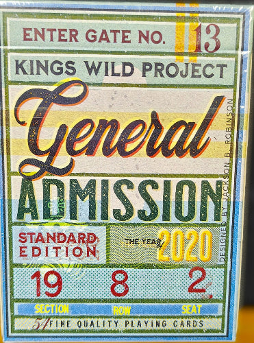 Card game box with colorful design and text, featuring 'Kings Wild Project' and 'General Admission'.