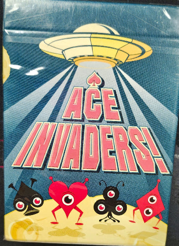 Card game box titled 'Ace Invaders!' with a UFO and alien characters on a blue background.