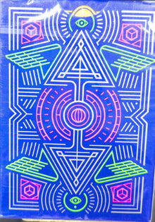 Foil paper with geometric pattern in neon colors on a blue background