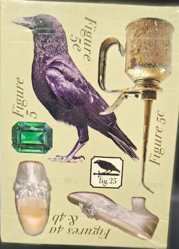 Collage of a bird, gemstone, and vintage-style tools on a beige background with text labels.
