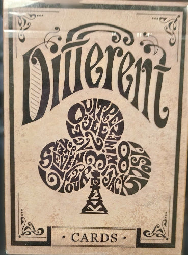 Playing card with a decorative clover design and 'Different' text on a beige background