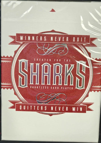 Shark playing cards packaging with red and white design