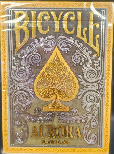 Bicycle Aurora playing cards packaging with gold and silver design.
