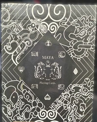 Maya-themed playing card box with intricate designs and 'MAYA' branding.