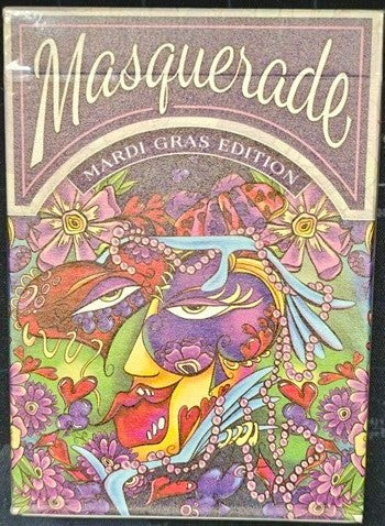 Colorful card with a mask design and 'Masquerade Mardi Gras Edition' text on a purple background.