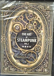 Steampunk-themed poker deck packaging with intricate designs and text.
