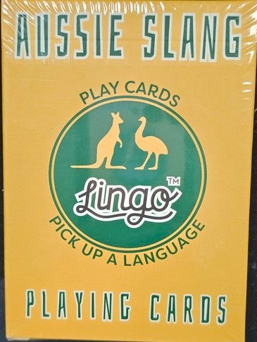 Pack of Aussie Slang playing cards with Lingo logo on a yellow background