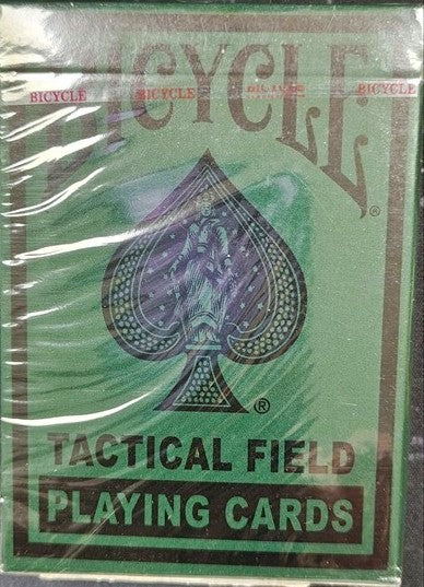Pack of Bicycle Tactical Field playing cards with green and black design.