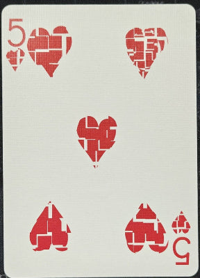 Playing card with red heart symbols and text on a white background
