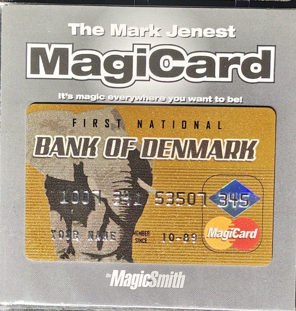 Magical card with 'First National Bank of Denmark' design on a gray background