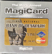 Magical card with 'First National Bank of Denmark' design on a gray background