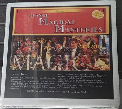 Packaging of 'Classic Magical Mysteries' with images of magicians and text on a red background.