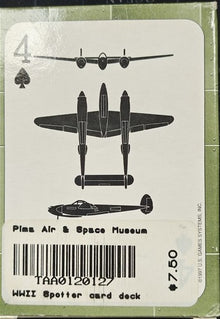 Playing card with airplane design and text about the Pima Air & Space Museum and WWII Spotters.