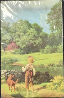 Vintage illustration of a boy with a dog in a rural setting