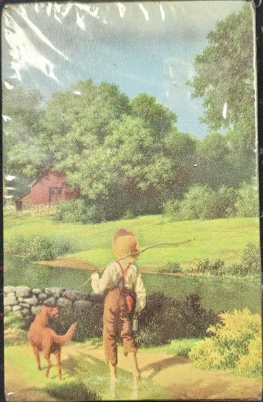 Vintage illustration of a boy with a dog in a rural setting