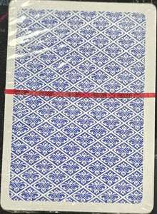 Playing card deck with blue and white pattern on a black background