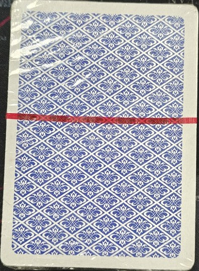 Playing card deck with blue and white pattern on a black background