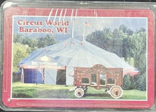 Card with a circus tent and wagon, featuring 'Circus World Baraboo, WI' text.