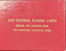 Red card box with gold text indicating 'Old Faithful Playing Cards' from Yellowstone National Park