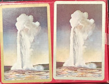 Stylized depiction of a geyser on a card with a red border