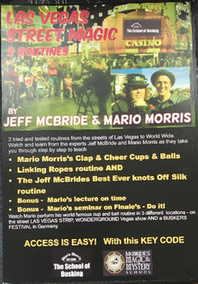 Book cover of 'Las Vegas Street Magic' by Jeff McBride & Mario Morris with images of people and a casino.