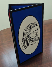 Menu cover with a portrait of a bearded man on a blue background