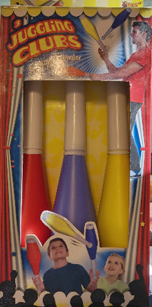 Box of Juggling Clubs with colorful clubs and a clown illustration on a red background
