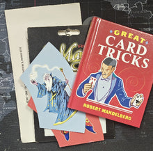 Book titled 'Great Card Tricks' by Robert Mandelberg with a card featuring a wizard on a map background.
