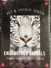 Pack of collectible playing cards featuring a tiger with text 'Pet & Animal Series, Endangered Animals'.