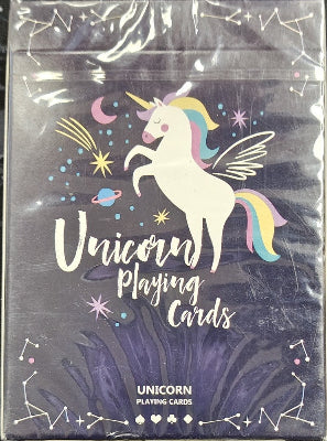 Unicorn playing cards packaging with a unicorn illustration on a dark background