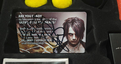 Card with a person's face and text on a dark background