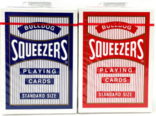 Two packs of Bulldog Squeezers playing cards, one blue and one red, on a white background.