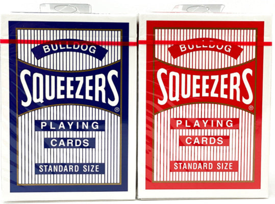 Two packs of Bulldog Squeezers playing cards, one blue and one red, on a white background.