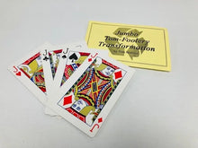 Playing cards with a joker card and a yellow card labeled 'Jumbo Tom Foolery Transformation' on a white background.