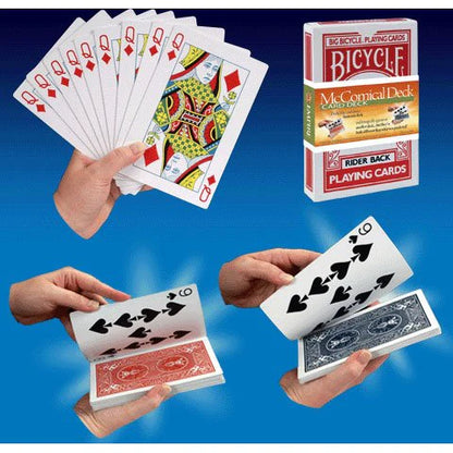 Playing cards with a hand holding them and the Bicycle card box on a blue background