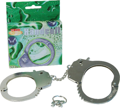 Metallic handcuffs with packaging on a white background