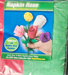 Packaging of Napkin Rose with colorful napkin roses and a hand holding them.