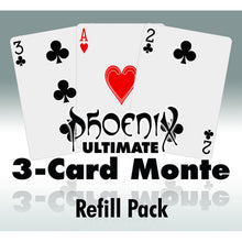 Playing cards with 'Phoenix Ultimate 3-Card Monte' text on a gray background