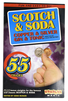Scotch & Soda magic book with a hand holding coins on a purple background