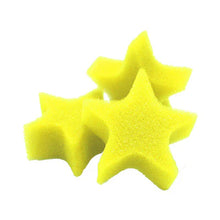 Three yellow star-shaped sponges on a white background