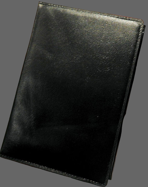 Hand holding a black leather wallet with a logo in the corner.