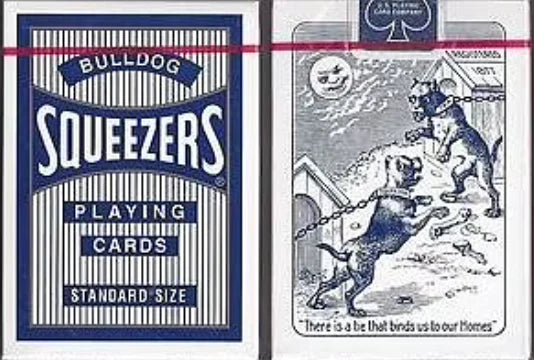 Bulldog Squeezers playing cards packaging with a vintage-style illustration of cats on a card.