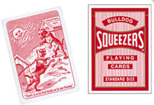 Playing cards with a red and white design featuring a bulldog and text, labeled 'Bulldog Squeezers'.